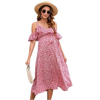 Women's Maternity Dress FloralSpaghetti Strap Dress Ruffles V Neck A Line Flowy Dress with Belt