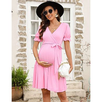 Women's Maternity Puff Short Sleeves V Neck Dress Casual High Waist A Line Midi Dress with Belt