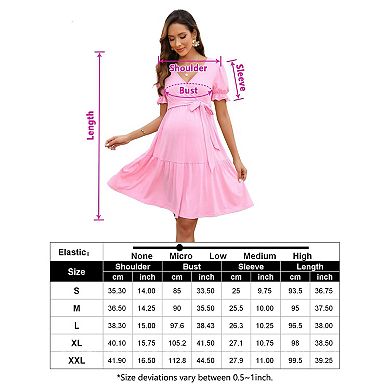 Women's Maternity Puff Short Sleeves V Neck Dress Casual High Waist A Line Midi Dress with Belt