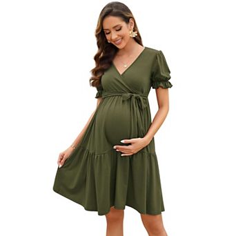 Women's Maternity Puff Short Sleeves V Neck Dress Casual High Waist A Line Midi Dress with Belt