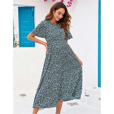 Women's Maternity Floral Short Sleeve Dress Boho Smocked Scoop Neck Midi Dress for Baby Shower