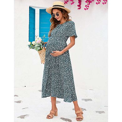 Women's Maternity Floral Short Sleeve Dress Boho Smocked Scoop Neck Midi Dress for Baby Shower