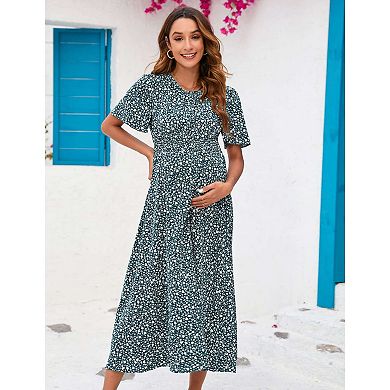 Women's Maternity Floral Short Sleeve Dress Boho Smocked Scoop Neck Midi Dress for Baby Shower
