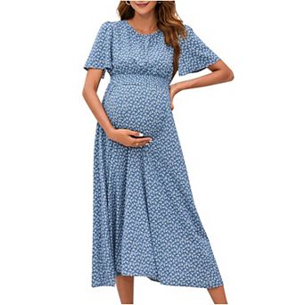 Women's Maternity Floral Short Sleeve Dress Boho Smocked Scoop Neck Midi Dress for Baby Shower