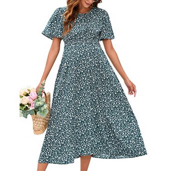 Women's Maternity Floral Short Sleeve Dress Boho Smocked Scoop Neck Midi Dress for Baby Shower