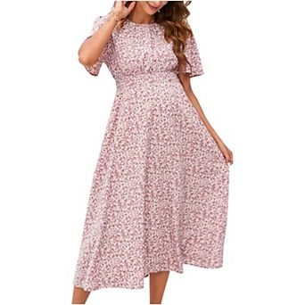 Women's Maternity Floral Short Sleeve Dress Boho Smocked Scoop Neck Midi Dress for Baby Shower