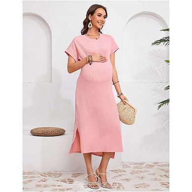 Women's Rib Knit Split Maternity Dresses Short Sleeve Pregnancy Tshirt Dresses Baby Shower Outfits