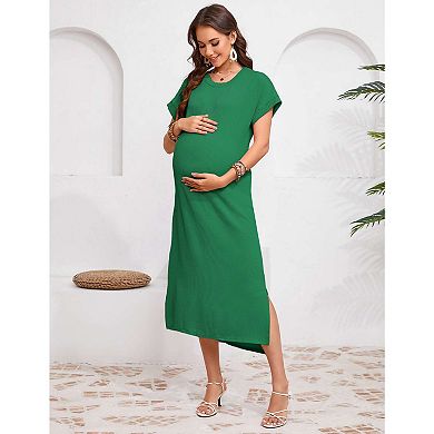 Women's Rib Knit Split Maternity Dresses Short Sleeve Pregnancy Tshirt Dresses Baby Shower Outfits