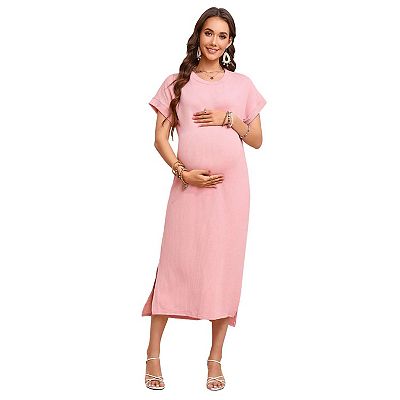 LaClef Women's Casual Ruched Maternity Dress - Dark Rose, Bodycon T-Shirt Dress For Baby Shower & Everyday