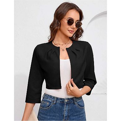 Womens Casual Business Cropped Blazer Jacket 3/4 Sleeve Collarless Open Front Cardigan Work Shrug
