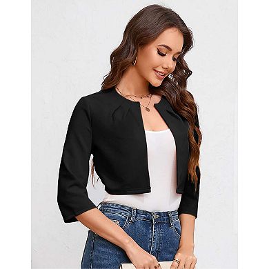 Womens Casual Business Cropped Blazer Jacket 3/4 Sleeve Collarless Open Front Cardigan Work Shrug