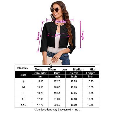 Womens Casual Business Cropped Blazer Jacket 3/4 Sleeve Collarless Open Front Cardigan Work Shrug