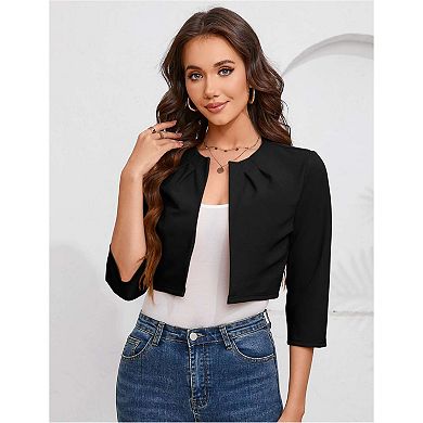 Womens Casual Business Cropped Blazer Jacket 3/4 Sleeve Collarless Open Front Cardigan Work Shrug