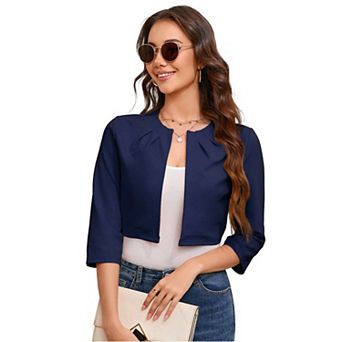 Womens Casual Business Cropped Blazer Jacket 3/4 Sleeve Collarless Open Front Cardigan Work Shrug