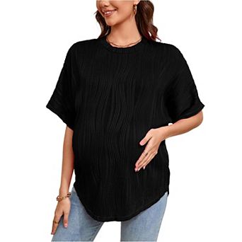 Women's Maternity Summer Shirt Casual Loose Fit Rib Short Sleeve Top Round Neck Long T-Shirt Blouse