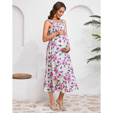 Women's Maternity Boho Spaghetti Strap Square Neck Dress Floral Ruffle Nursing Maxi Dress BabyShower