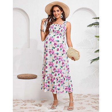 Women's Maternity Boho Spaghetti Strap Square Neck Dress Floral Ruffle Nursing Maxi Dress BabyShower