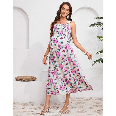 Women's Maternity Boho Spaghetti Strap Square Neck Dress Floral Ruffle Nursing Maxi Dress BabyShower