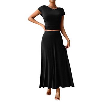 Women Two Piece Skirt Set Casual Crew Neck Short Sleeve Cropped Top Elastic Waist Swing Midi Skirts