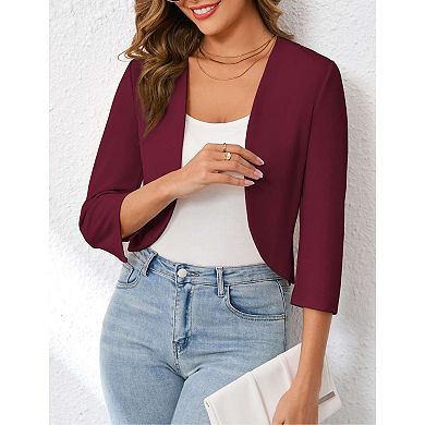 Womens Cropped Blazer Casual Business 3/4 Sleeve Collarless Open Front Cardigan Work Jacket Shrug