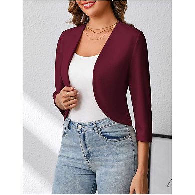 Womens Cropped Blazer Casual Business 3/4 Sleeve Collarless Open Front Cardigan Work Jacket Shrug