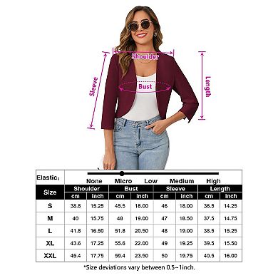 Womens Cropped Blazer Casual Business 3/4 Sleeve Collarless Open Front Cardigan Work Jacket Shrug