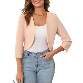 Womens Cropped Blazer Casual Business 3/4 Sleeve Collarless Open Front Cardigan Work Jacket Shrug
