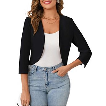 Womens Cropped Blazer Casual Business 3/4 Sleeve Collarless Open Front Cardigan Work Jacket Shrug