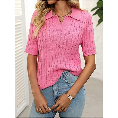 Women's Casual Sweaters Solid Tops Cable Knit Lapel V-Neck Sweater Short Sleeve Pullover Sweaters