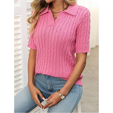 Women's Casual Sweaters Solid Tops Cable Knit Lapel V-Neck Sweater Short Sleeve Pullover Sweaters