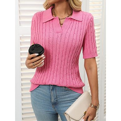 Women's Casual Sweaters Solid Tops Cable Knit Lapel V-Neck Sweater Short Sleeve Pullover Sweaters