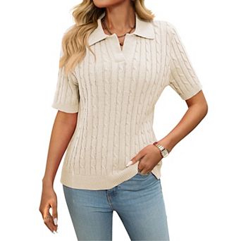 Women's Casual Sweaters Solid Tops Cable Knit Lapel V-Neck Sweater Short Sleeve Pullover Sweaters