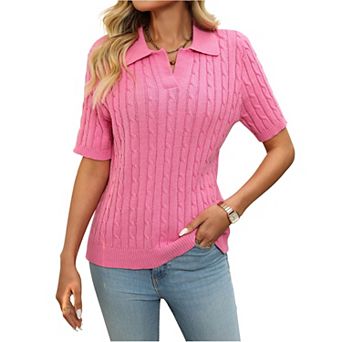 Women's Casual Sweaters Solid Tops Cable Knit Lapel V-Neck Sweater Short Sleeve Pullover Sweaters