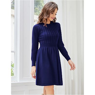 Women Long Sleeve Knitted Crewneck High Waist A-Line Cute Mini Sweater Dress
