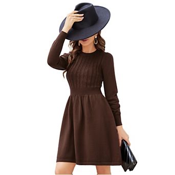 Women Long Sleeve Knitted Crewneck High Waist A-Line Cute Mini Sweater Dress