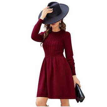 Women Long Sleeve Knitted Crewneck High Waist A-Line Cute Mini Sweater Dress