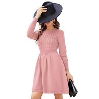 Women Long Sleeve Knitted Crewneck High Waist A-Line Cute Mini Sweater Dress