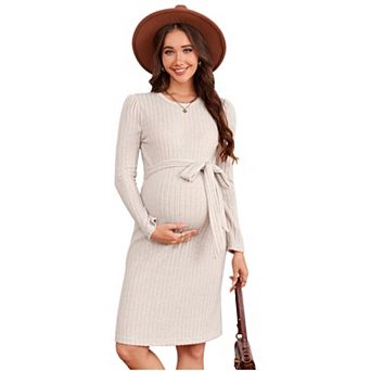 Women Maternity Sweater Dress Rib Knit Long Sleeve Dresses Slit Pregnancy Sweater Clothes with Belt