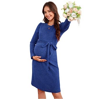 Women Maternity Sweater Dress Rib Knit Long Sleeve Dresses Slit Pregnancy Sweater Clothes with Belt