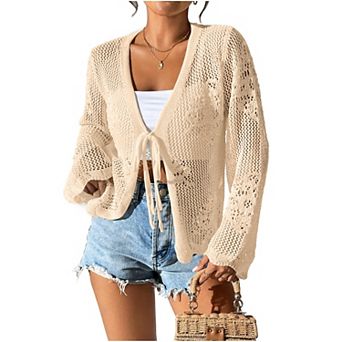 Women Tie Front Hollow Out Knit Crop Top V Neck Knotted Crochet Cardigan Boho Cute Bolero Shrug