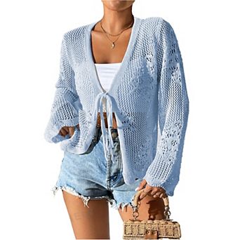 Women Tie Front Hollow Out Knit Crop Top V Neck Knotted Crochet Cardigan Boho Cute Bolero Shrug