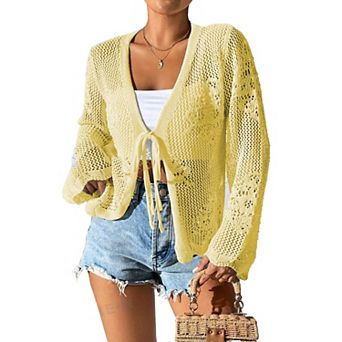 Women Tie Front Hollow Out Knit Crop Top V Neck Knotted Crochet Cardigan Boho Cute Bolero Shrug