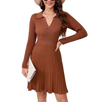 Women's Sweater Dress Fall Long Sleeve Lapel Collar Dress Ribbed Knit A Line Pleated Midi Dresses