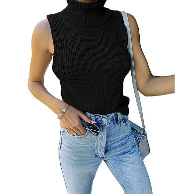 Womens Turtleneck Sweater Sleeveless Slim Fit Knit Pullovers Casual Basic Stretch Tank Top