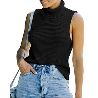 Womens Turtleneck Sweater Sleeveless Slim Fit Knit Pullovers Casual Basic Stretch Tank Top