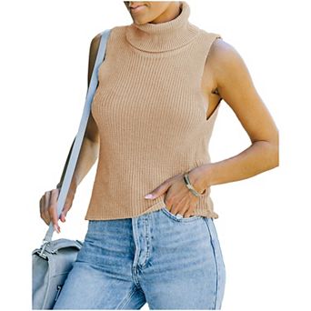 Womens Turtleneck Sweater Sleeveless Slim Fit Knit Pullovers Casual Basic Stretch Tank Top