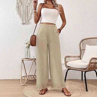 Womens Wide Leg Linen Pants Casual Palazzo Pant Boho Flowy Beach Pants with Pockets
