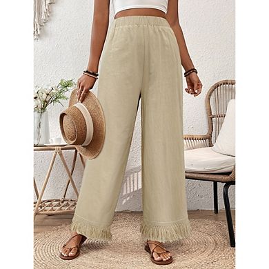 Womens Wide Leg Linen Pants Casual Palazzo Pant Boho Flowy Beach Pants with Pockets