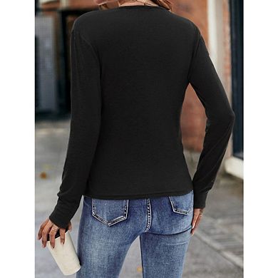 Women's V Neck Slim Fitted Long Sleeve T-Shirt Front Wrap Ruched Tee Tops