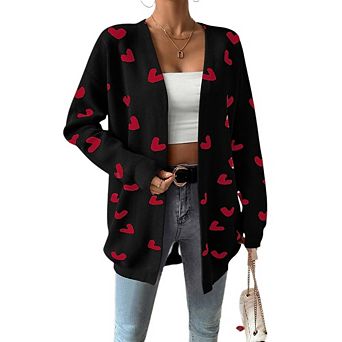 Womens Soft Pocketed Long Sleeve Cute Cardigan Sweaters Open Front Ribbed Knit Heart Sweater Coat